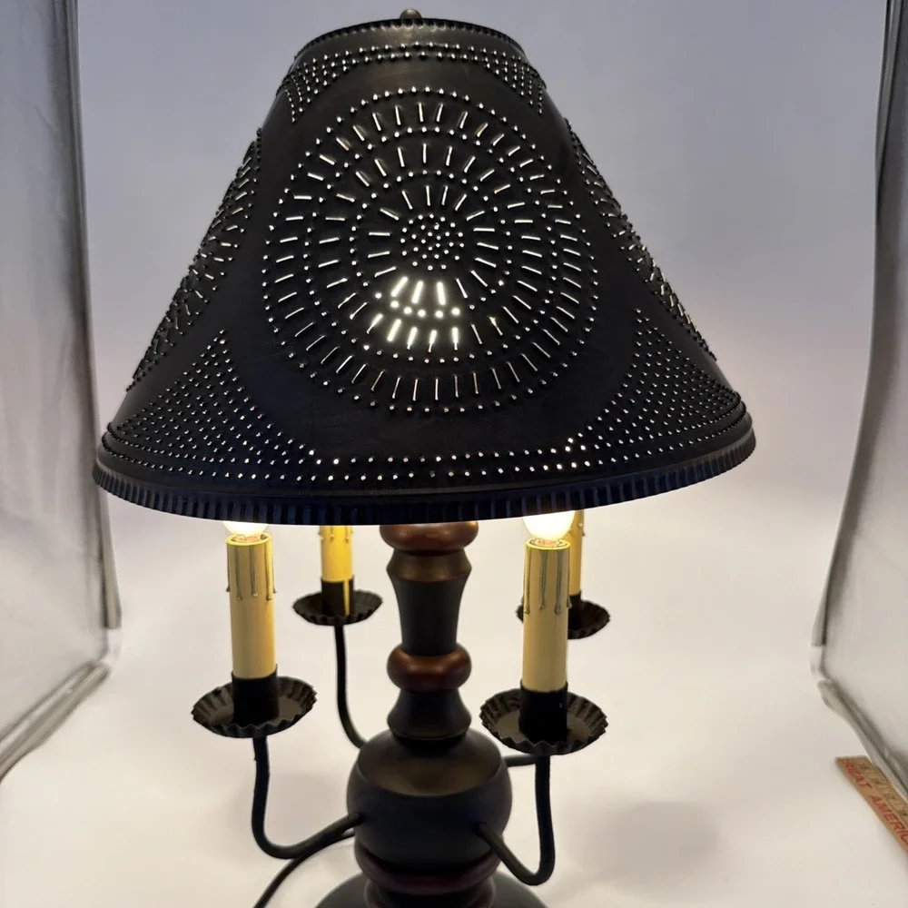 Cedar Creek Lamp W/Sturbridge Red Over Black & Kettle Black Punched Tin Shade